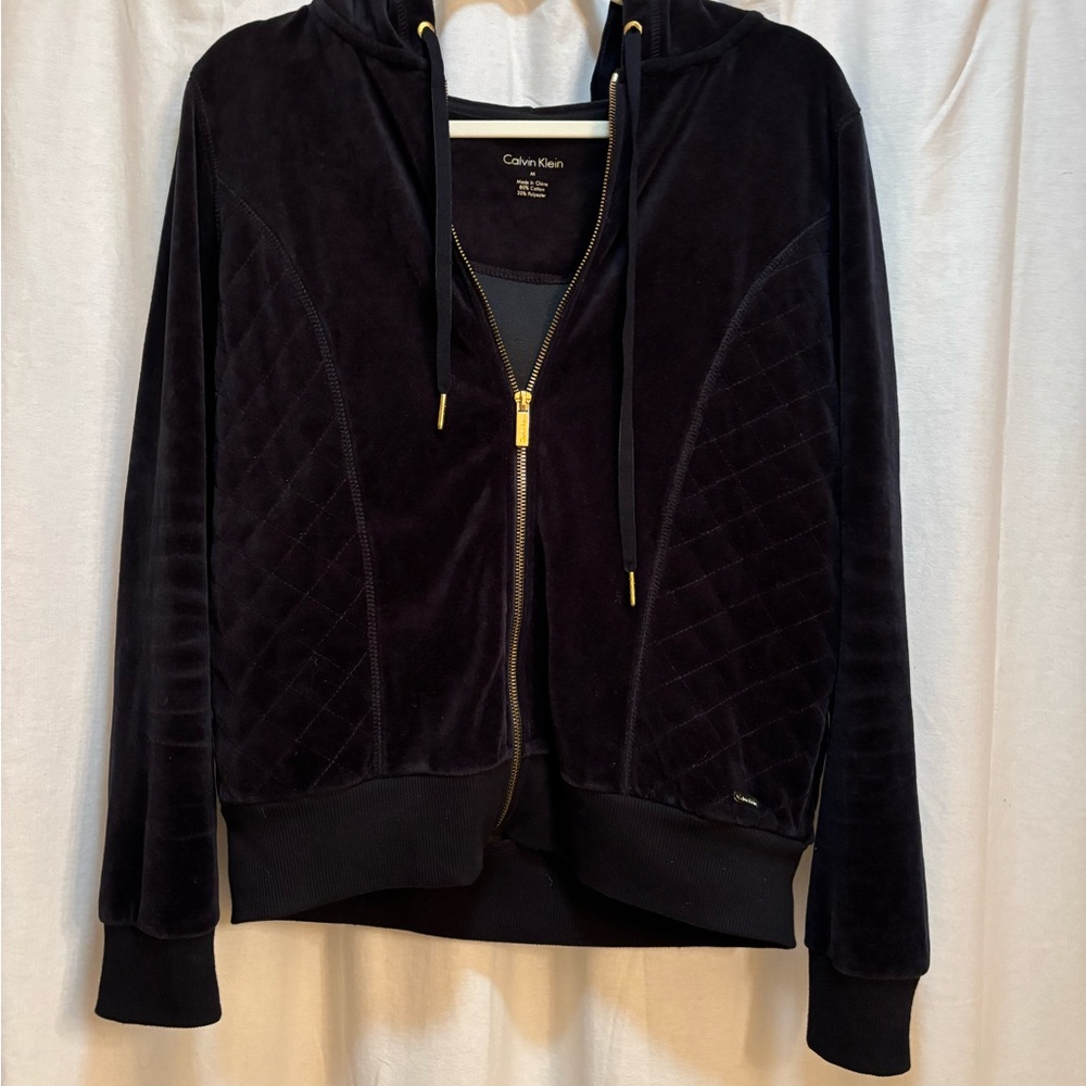 Calvin Klein Velvet Black hoodie velour Jacket Size Medium
